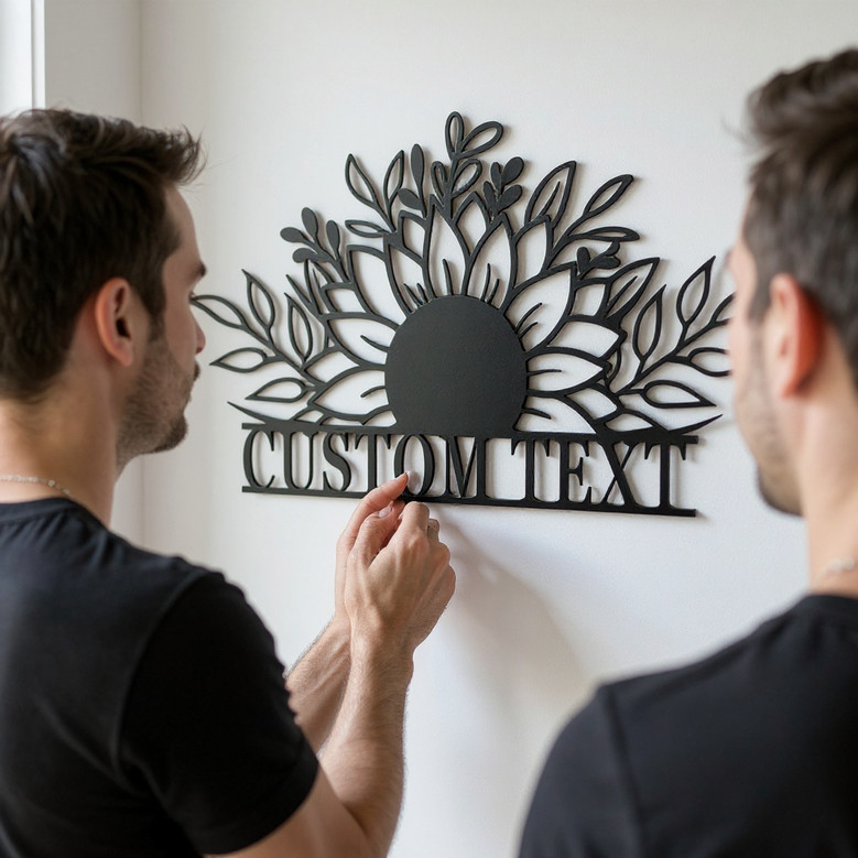 Sunflower metal wall art in brushed silver finish, vertical layout with custom text, minimalist kitchen decor Sunflower metal wall art in brushed silver finish, vertical layout with custom text, minimalist kitchen decor