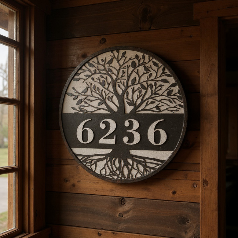 Tree of Life metal house number sign, custom address numbers for home exterior, striking front door or porch wall decor