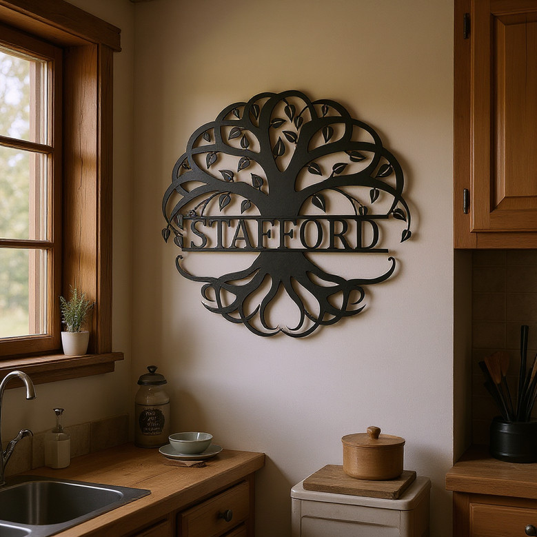 Tree of Life monogram metal wall art, custom family name sign, thoughtful housewarming gift and decor for foyer or hallway