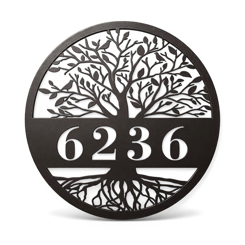 Tree of Life metal house number sign with personalized address numbers, elegant outdoor home decor for entryway or porch