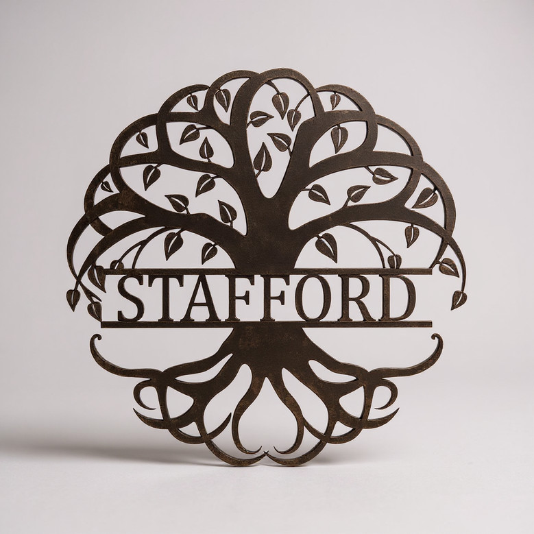 Tree of Life monogram metal wall decor, personalized with family name or initial, home accent for entryway or living room