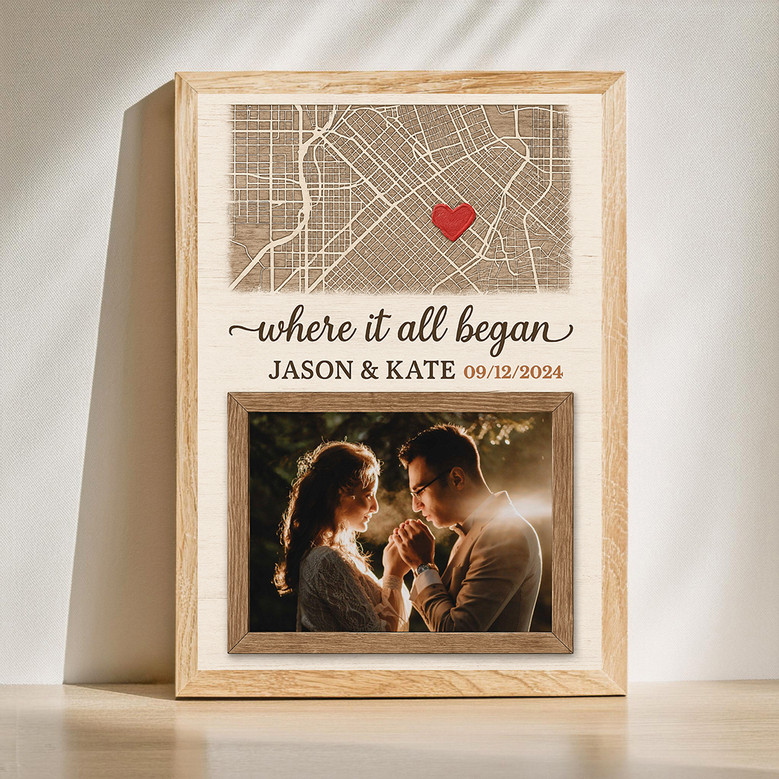 Where It All Began custom map & photo canvas, personalized with names, date, and pin; anniversary gift for couples