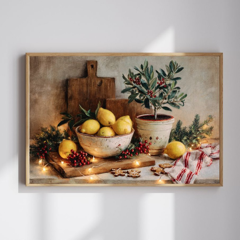 Farmhouse Christmas canvas art still life for rustic kitchen decor, greenery and crockery, horizontal with warm vintage tones