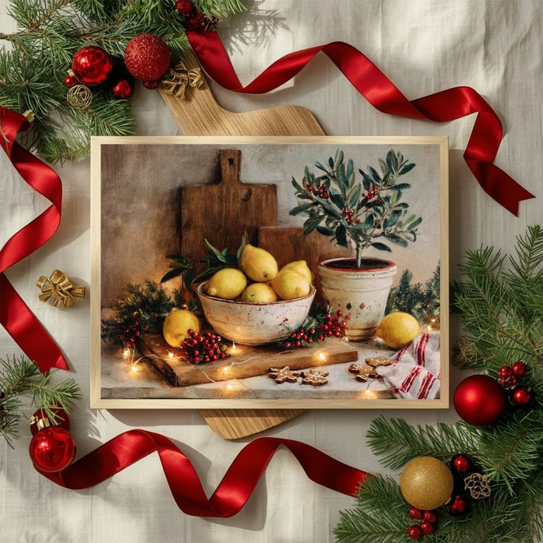 Farmhouse Christmas canvas art still life for kitchen, red and green accents with farmhouse ceramics, rustic finish