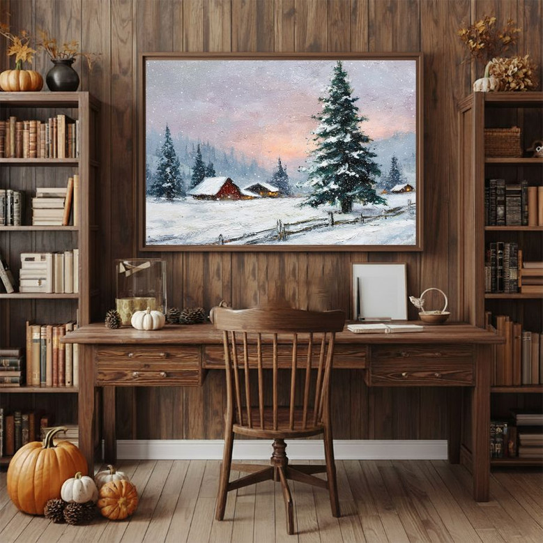 Peaceful winter landscape canvas wall art with snowy cabin and pine trees at twilight, vertical for festive home office