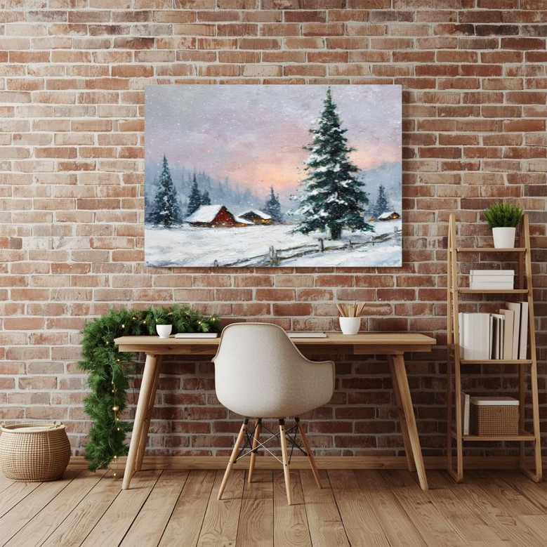 Peaceful winter landscape canvas wall art with frozen lake reflection and mountains, square, neutral tones for home office
