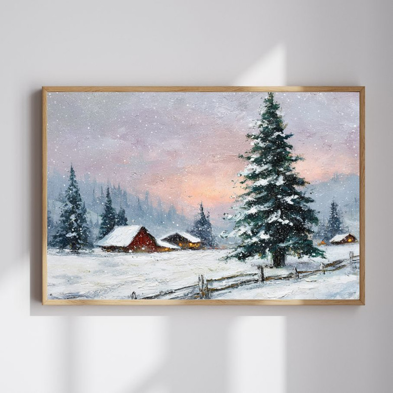 Peaceful winter landscape canvas wall art with snow-covered pines and soft pastel sky, horizontal scene for home office decor