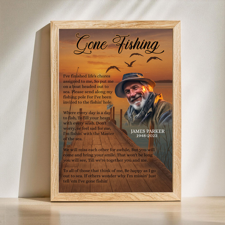 Fishing memorial canvas wall art with custom photo and name, honoring a loved one with angler motif; sympathy gift