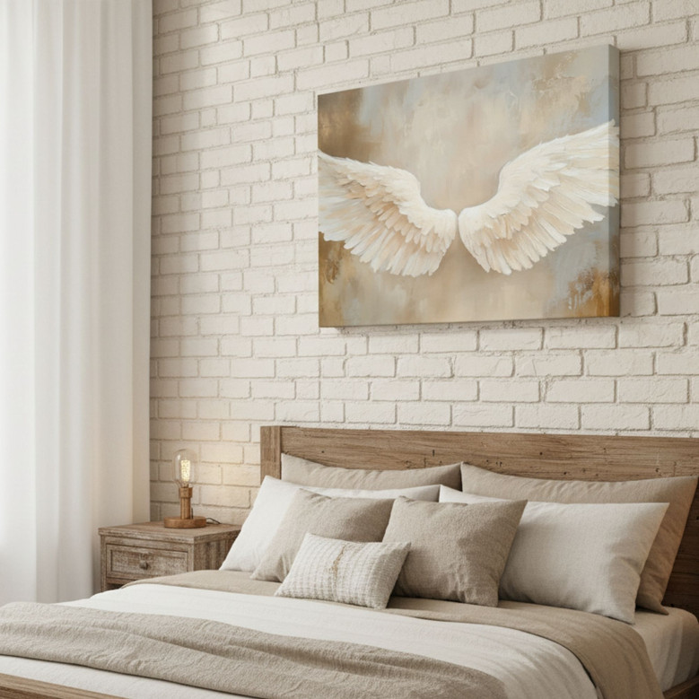 Vintage Angel Wings Canvas Wall Art For Bedroom - White Feather Design