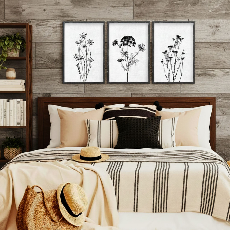 Minimalist Black White Botanical Canvas Set For Bedroom Or Office Decor