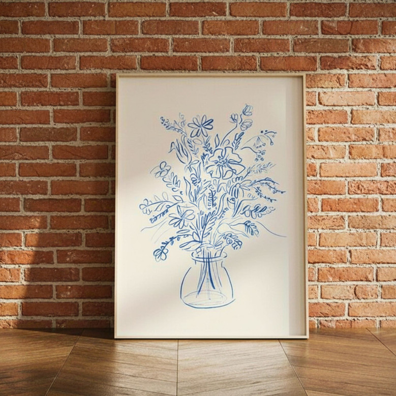 Blue Floral Botanical Wall Art Canvas - Bohemian Style For Living Room
