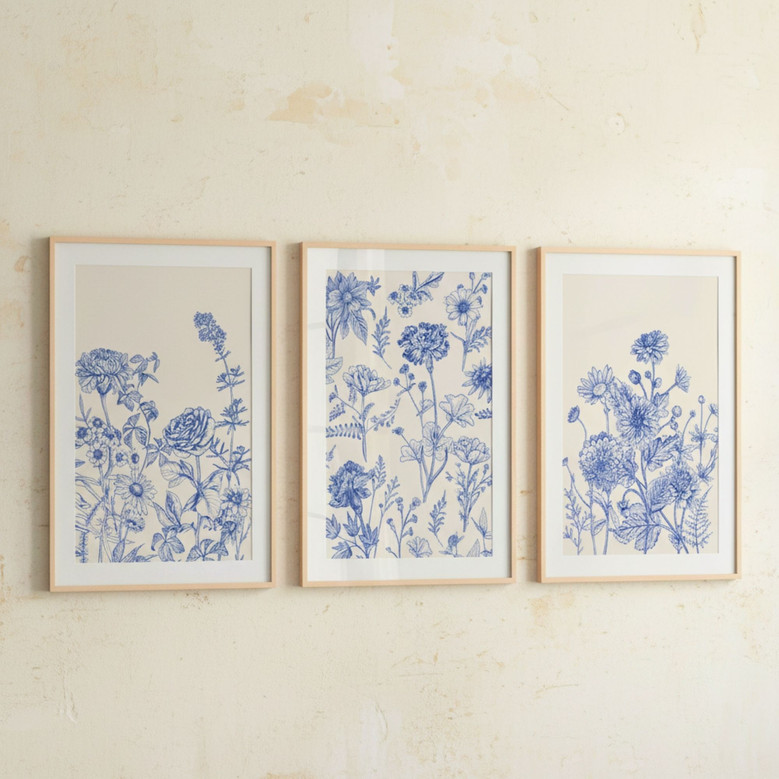 Chinoiserie Blue Botanical Canvas Print Set - Minimalist Home Vibe