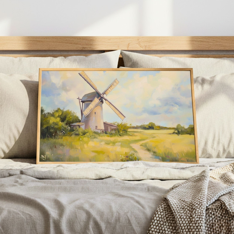 Cozy Country Windmill Canvas Art Antique Style For Living Room