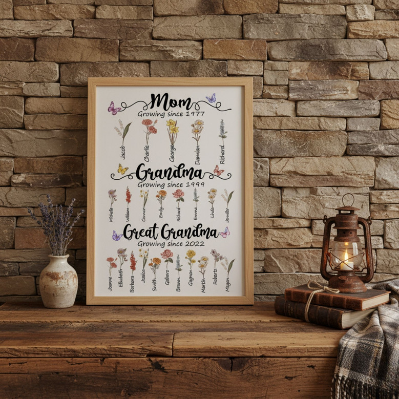 Custom Birth Flower Canvas Art for Mom and Grandma's Love