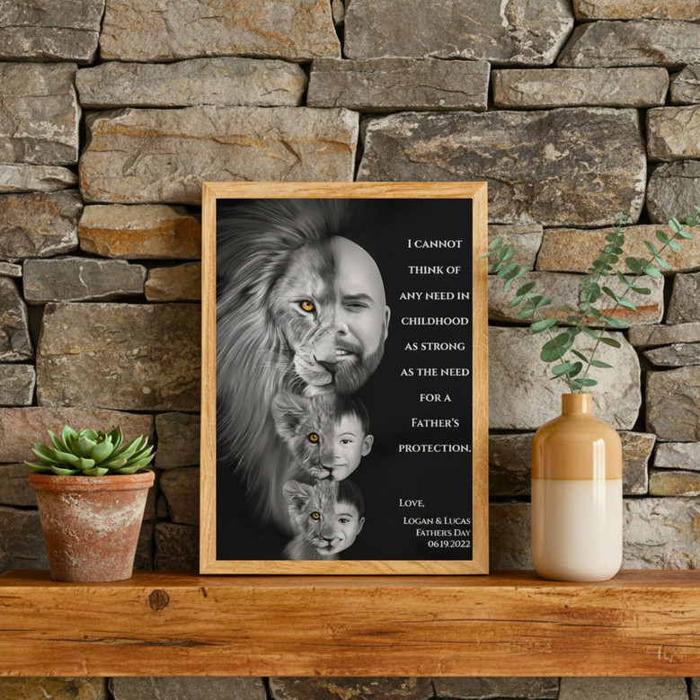 Father's Day Lion Dad Portrait Canvas - Strong Family Love Gift