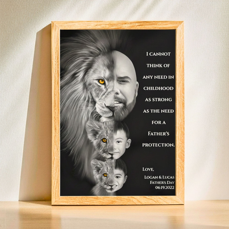 Father's Day Lion Dad Portrait Canvas - Strong Family Love Gift