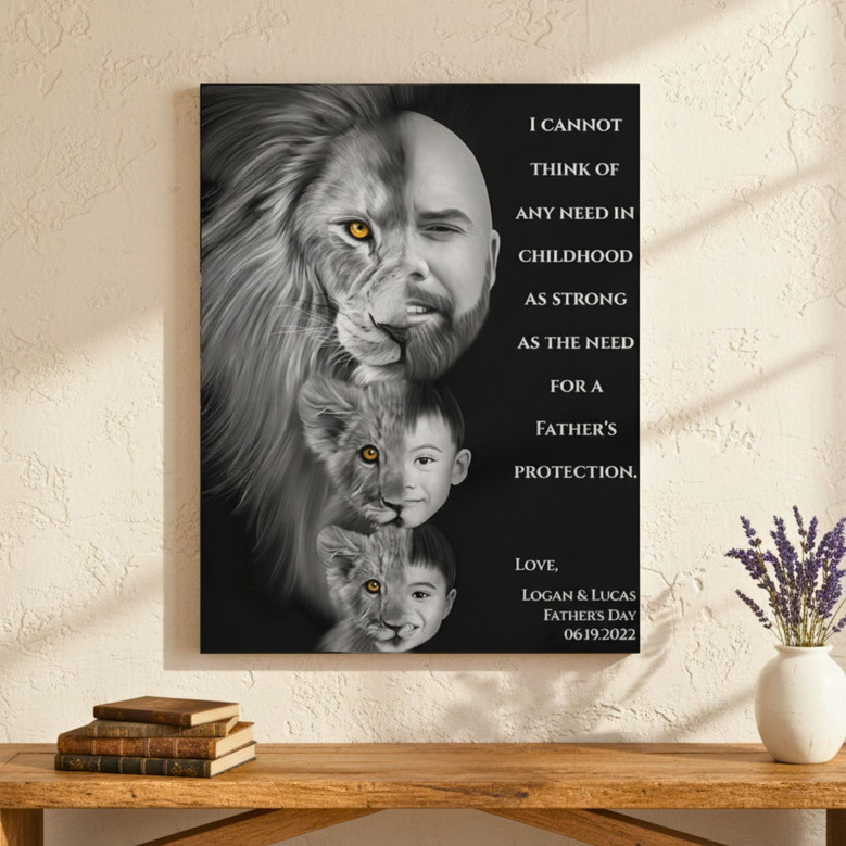 Father's Day Lion Dad Portrait Canvas - Strong Family Love Gift