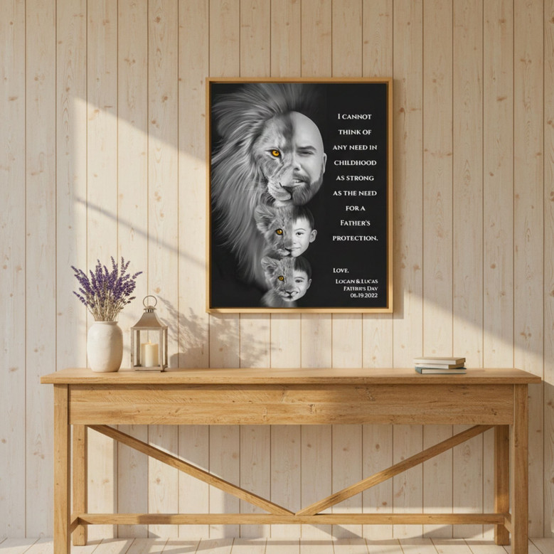 Father's Day Lion Dad Portrait Canvas - Strong Family Love Gift