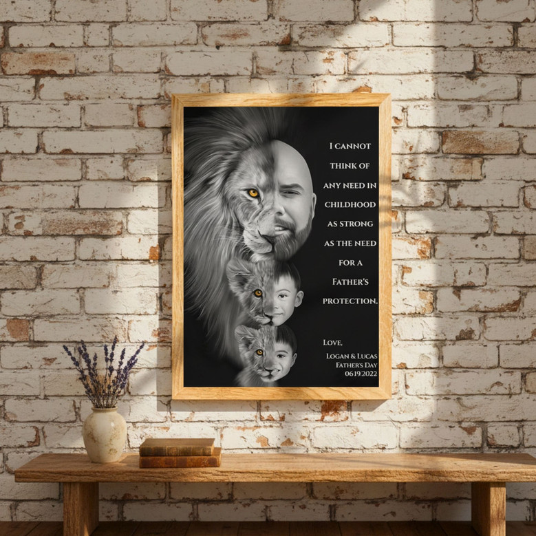 Father's Day Lion Dad Portrait Canvas - Strong Family Love Gift