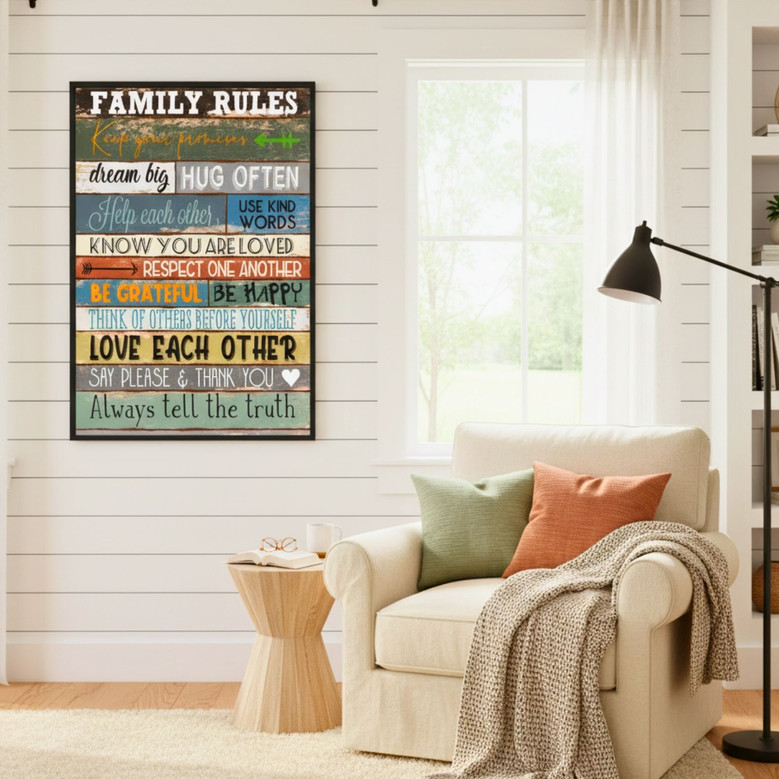 Heartfelt Family Rules Canvas - Personalized Farmhouse Style Art