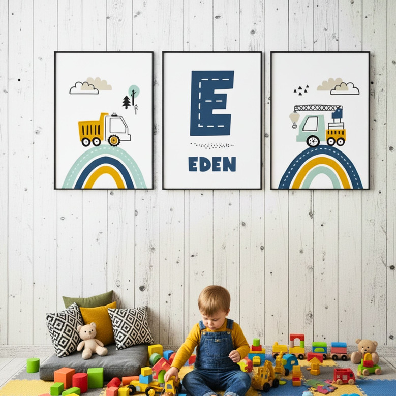 Custom Named Construction Nursery Canvas Set - Boys Bedroom Wall Art