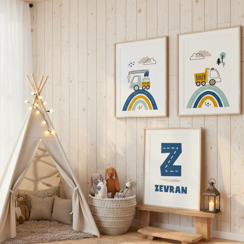 Custom Named Construction Nursery Canvas Set - Boys Bedroom Wall Art