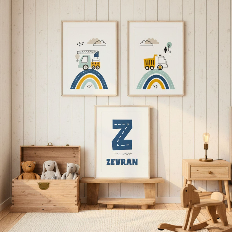 Custom Named Construction Nursery Canvas Set - Boys Bedroom Wall Art
