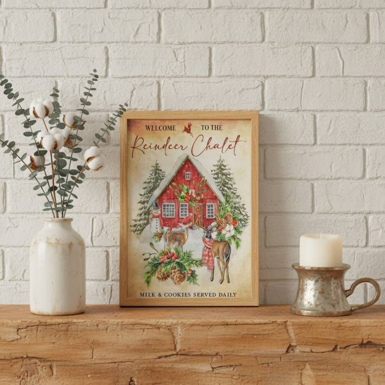 Vintage Christmas Reindeer Canvas - Cozy Chalet Holiday Charm