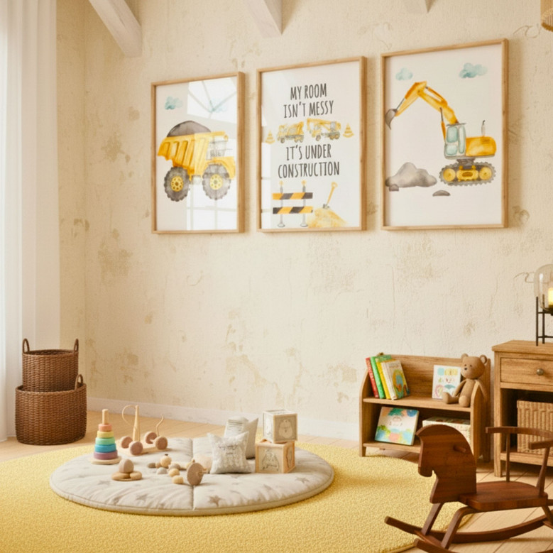 Watercolor Construction Canvas Set For Boys' Bedroom Decor - Nursery Wall Art