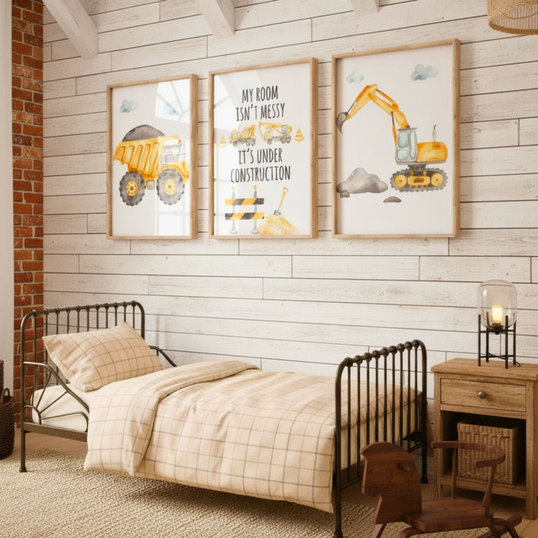 Watercolor Construction Canvas Set For Boys' Bedroom Decor - Nursery Wall Art