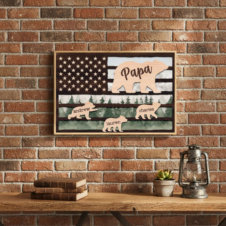 A Patriotic 3D Engraved Papa Bear Canvas Gift for Dad