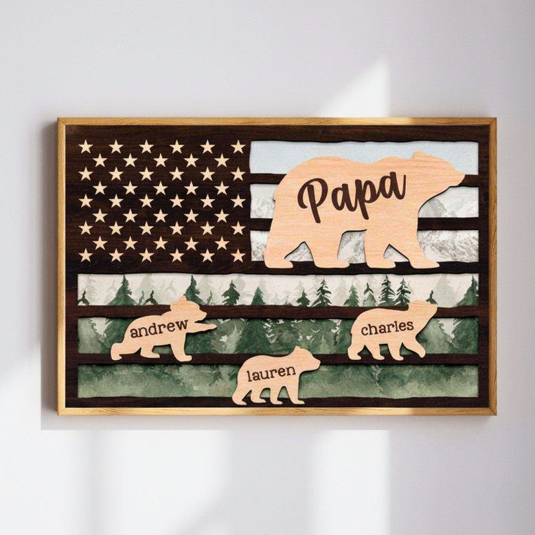 A Patriotic 3D Engraved Papa Bear Canvas Gift for Dad