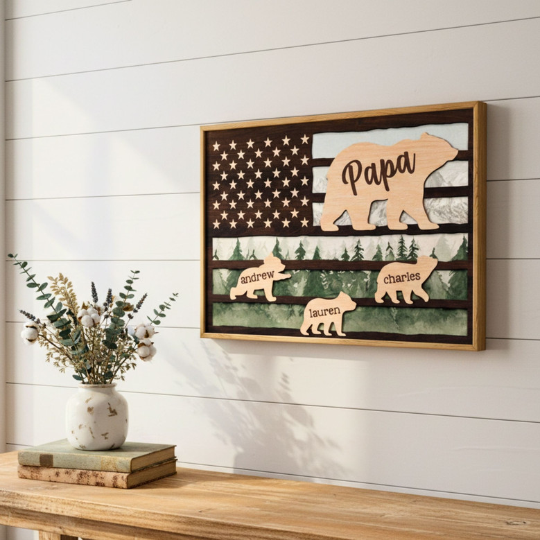 A Patriotic 3D Engraved Papa Bear Canvas Gift for Dad