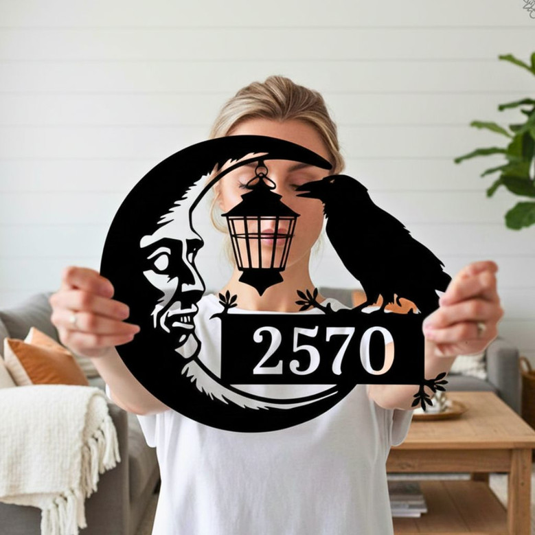 Spooky Raven And Moon Metal Address Sign For Halloween Homes