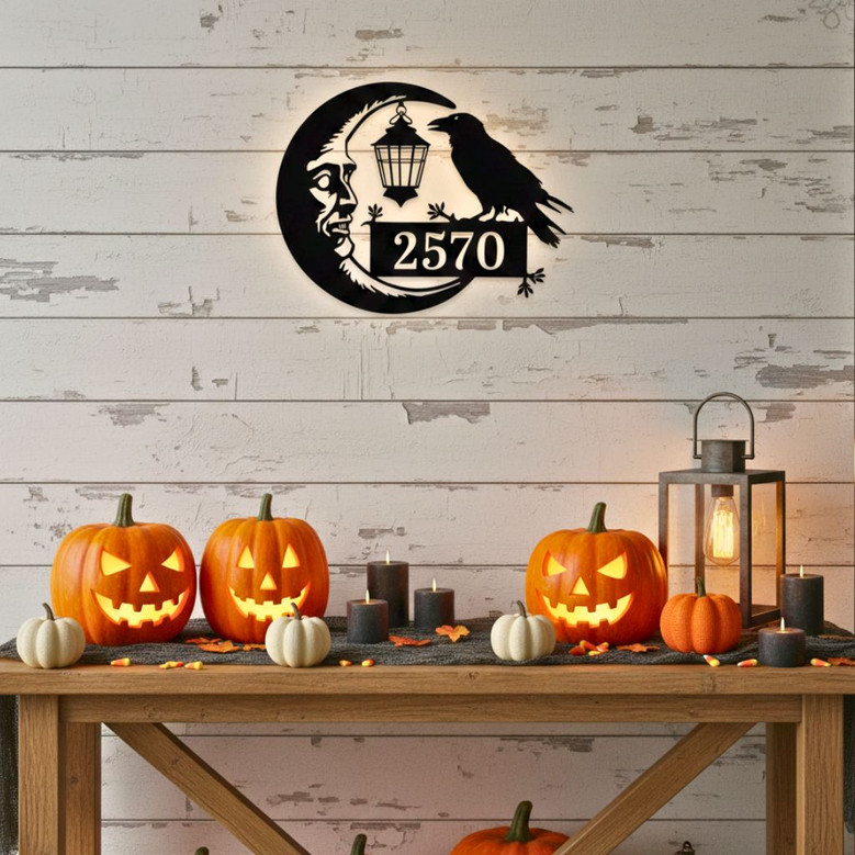 Spooky Raven And Moon Metal Address Sign For Halloween Homes