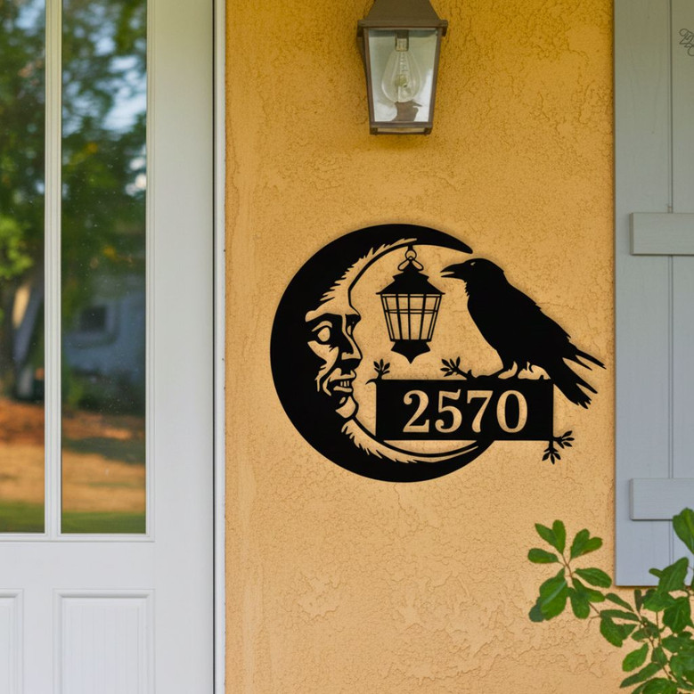 Spooky Raven And Moon Metal Address Sign For Halloween Homes