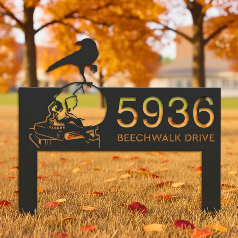 Customized Halloween Address Metal Sign With Raven & Skull Design For Outdoor Decor