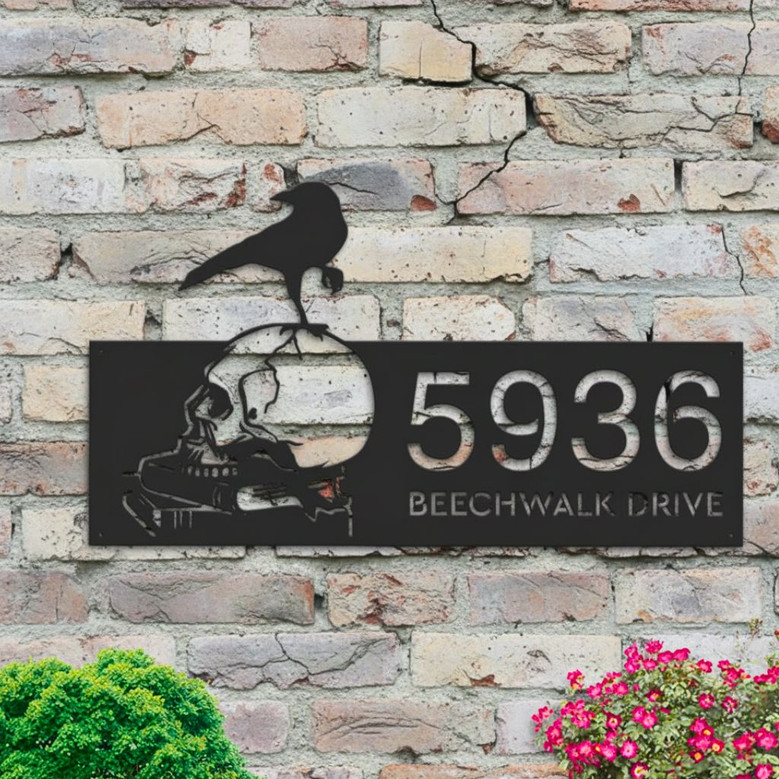 Customized Halloween Address Metal Sign With Raven & Skull Design For Outdoor Decor