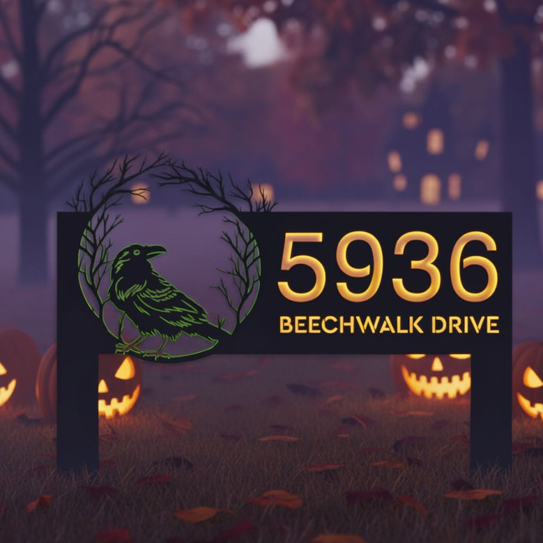 Custom Raven Crow Halloween Wreath Metal Address Sign For Outdoor Decor