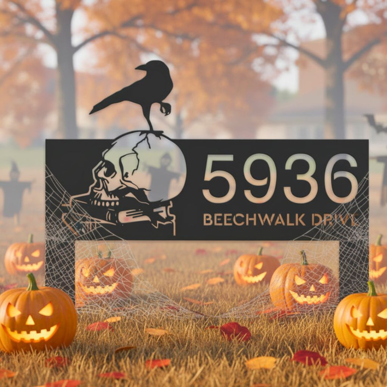 Customized Halloween Address Metal Sign With Raven & Skull Design For Outdoor Decor