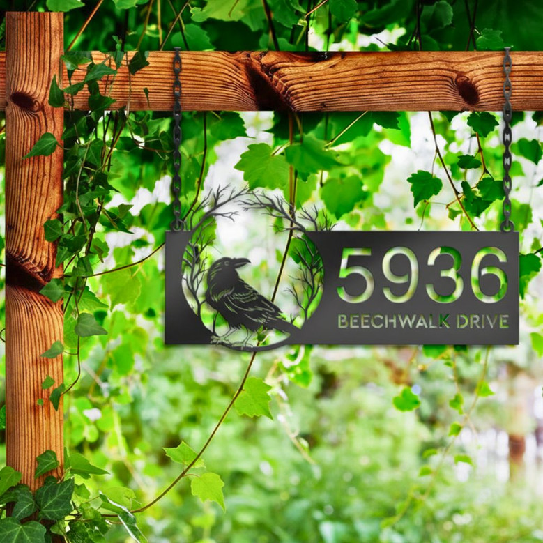Custom Raven Crow Halloween Wreath Metal Address Sign For Outdoor Decor
