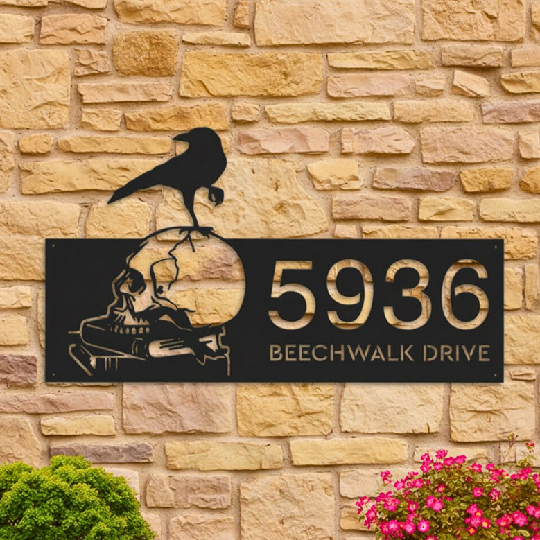 Customized Halloween Address Metal Sign With Raven & Skull Design For Outdoor Decor