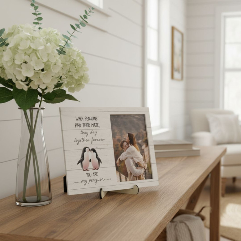 Personalized Penguin Couple Romantic Wood Sign for Valentines, Anniversary Gifts