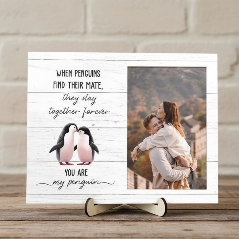Personalized Penguin Couple Romantic Wood Sign for Valentines, Anniversary Gifts