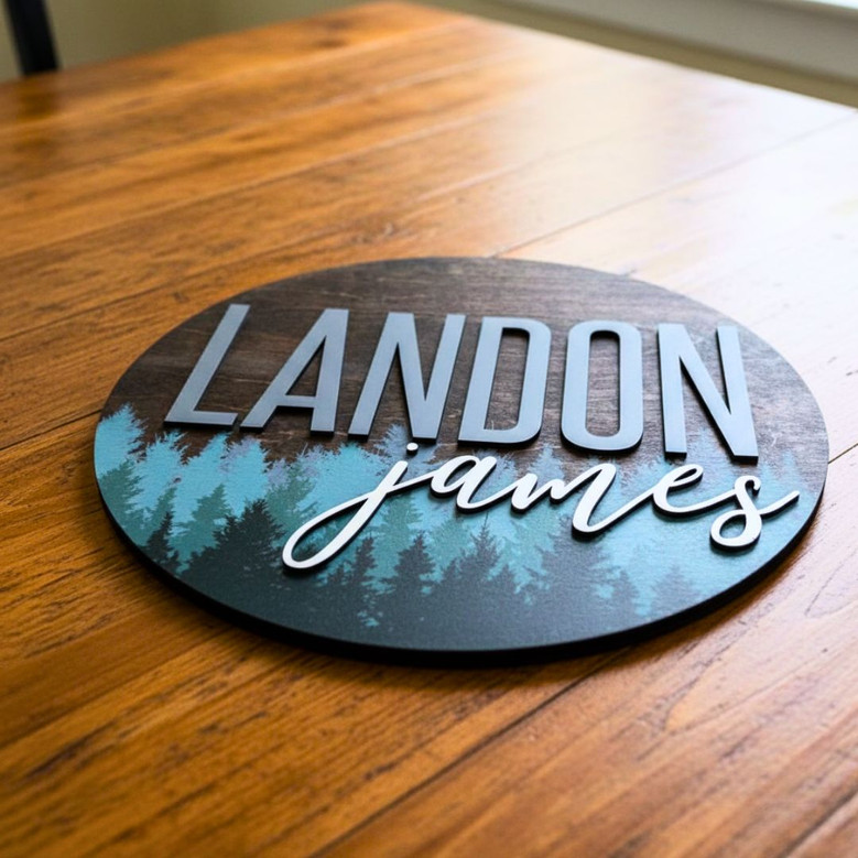 Personalized Round Wood Sign With Pine Tree Pattern For Woodland-Themed Nursery