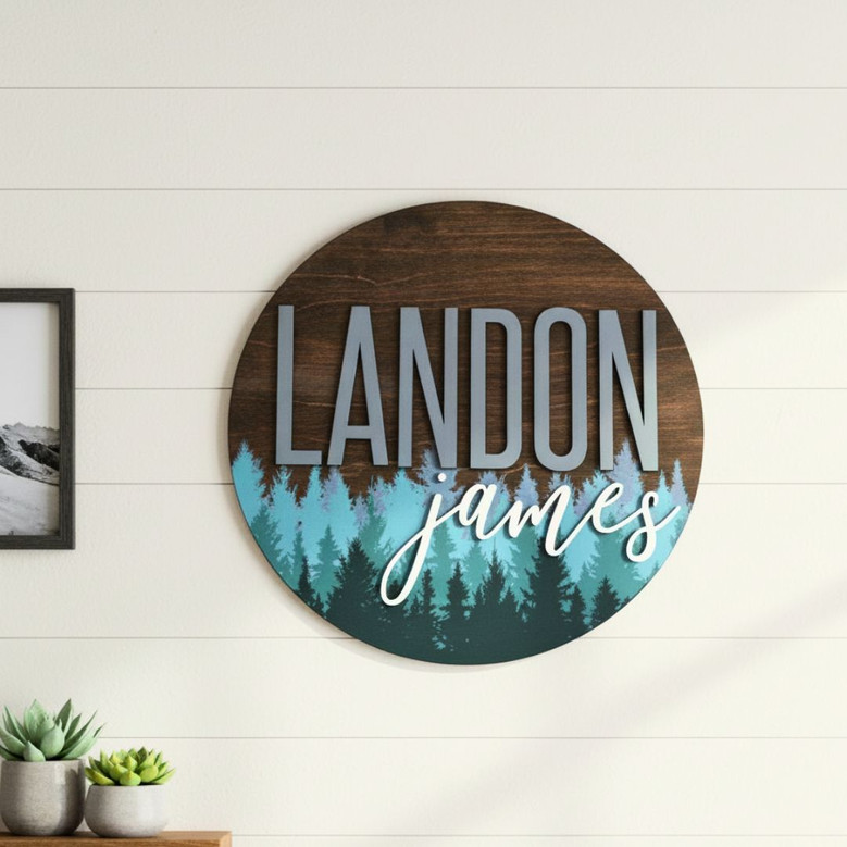 Personalized Round Wood Sign With Pine Tree Pattern For Woodland-Themed Nursery