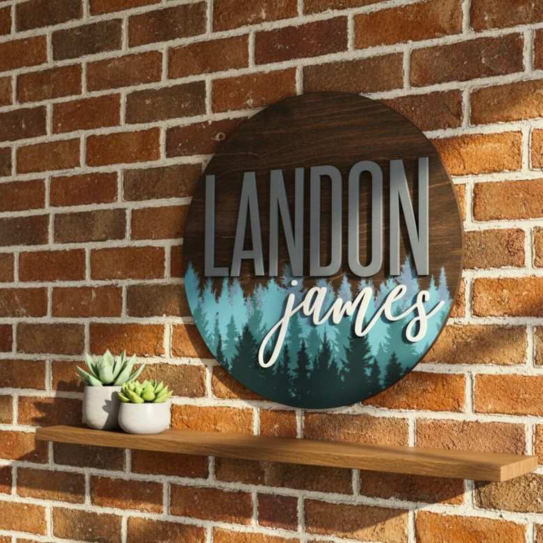 Personalized Round Wood Sign With Pine Tree Pattern For Woodland-Themed Nursery