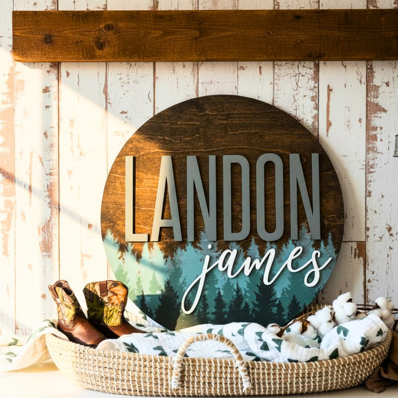 Personalized Round Wood Sign With Pine Tree Pattern For Woodland-Themed Nursery