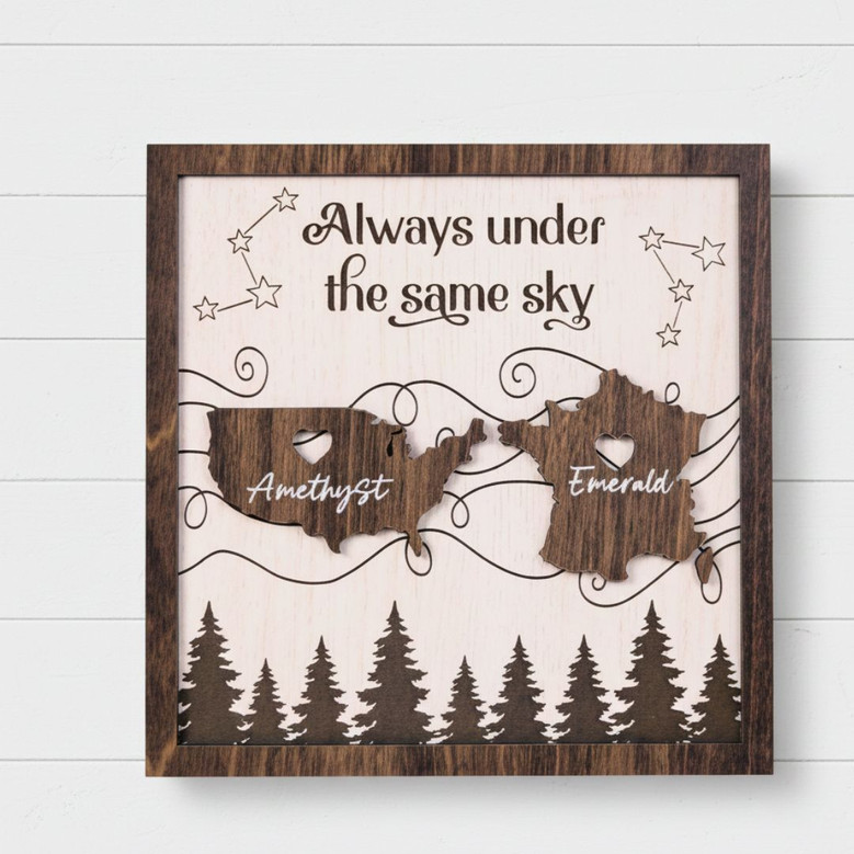 Always Under The Same Sky Wood Sign - Personalized Long Distance Family Gift For Couples Or Moving Away