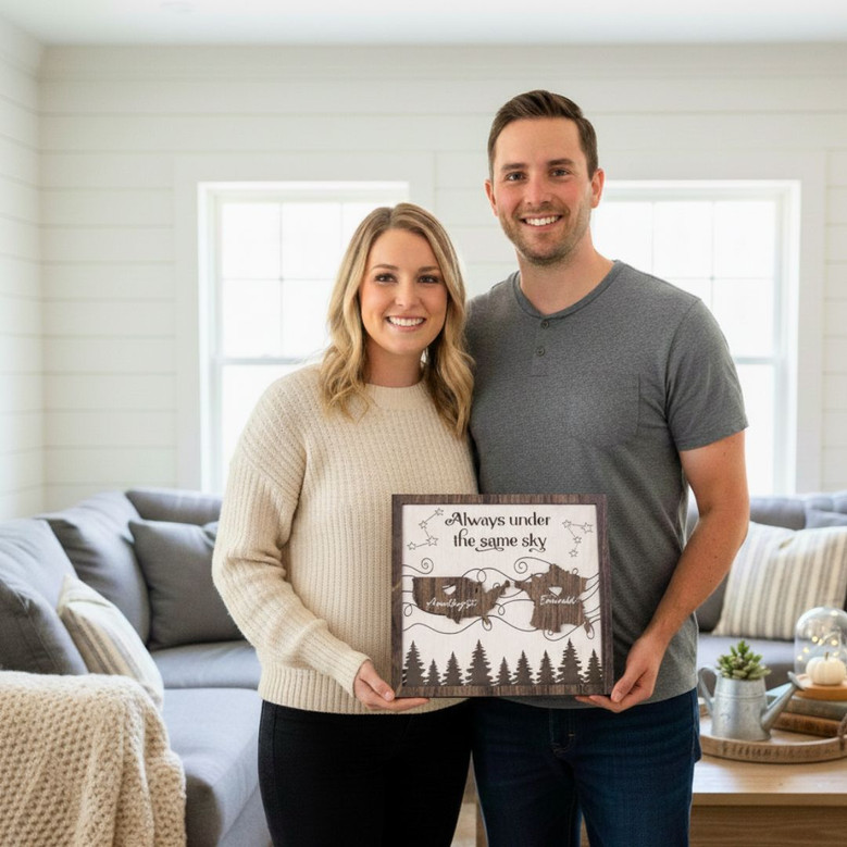 Always Under The Same Sky Wood Sign - Personalized Long Distance Family Gift For Couples Or Moving Away